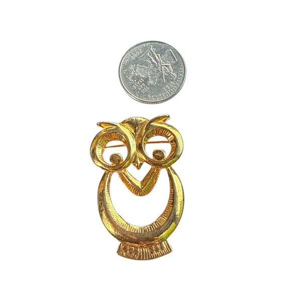 Vintage Gold Tone Owl Brooch Modernist Abstract Mid Century Pin Jewelry - Picture 3 of 9